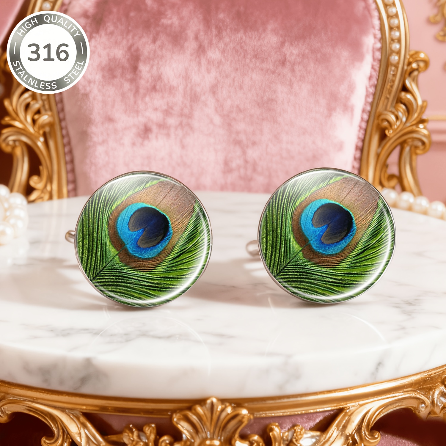 2pcs Set of Peacock Feather Round No-Piercing Ear Studs